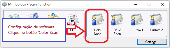 Configuração de software. Clique no botão 'Color Scan'