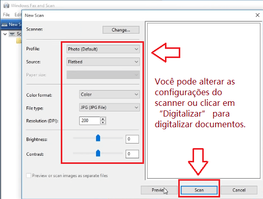 Você pode alterar as configurações do scanner ou clicar em “Digitalizar” para digitalizar documentos.