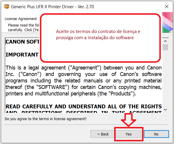 Aceite os termos do contrato de licença e prossiga com a instalação do software.