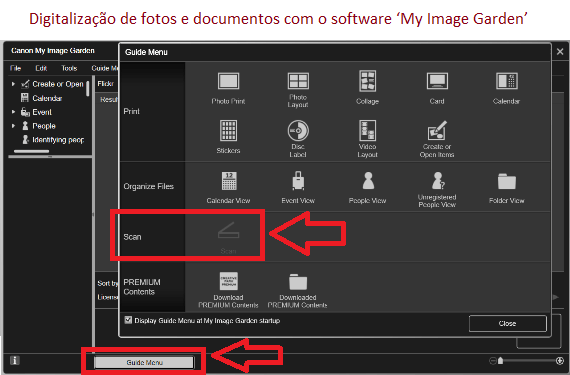 Digitalização de fotos e documentos com software: 'My Image Garden'.