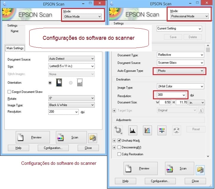 Configurações do software de escaneamento