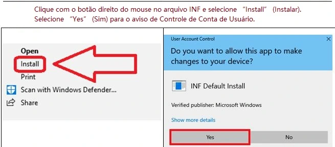 Clique com o botão direito do mouse no arquivo INF e selecione “Install” (Instalar)