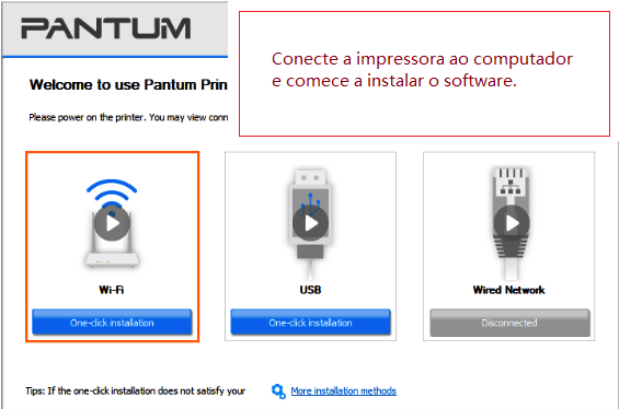 Conecte a impressora ao computador e comece a instalar o software.