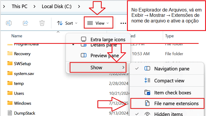 No Explorador de Arquivos, vá em Exibir → Mostrar → Extensões de nome de arquivo e ative a opção