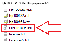 Arquivo HPLJP1005.INF na pasta extraída